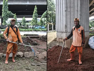 Foto kombo Sholeh (kiri) usia 59 tahun dan Sugiarto usia 56 tahun, petugas penanganan prasarana dan sarana umum (PPSU) Kelurahan Cipinang Besar Selatan saat menyelesaikan pembuatan taman di Jalan DI Panjaitan, Jakarta Timur, Rabu (14/12/2022). Penjabat (Pj) Gubernur DKI Jakarta Heru Budi Hartono membatasi usia pegawai kontrak atau Penyedia Jasa Lainnya Perorangan (PJLP) di lingkungan Pemerintah Provinsi (Pemprov) DKI Jakarta maksimal 56 tahun. (merdeka.com/Iqbal S. Nugroho)