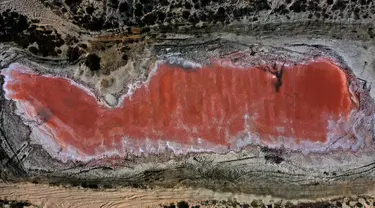 Sebuah gambar yang diambil pada 26 Januari 2021 ini menunjukkan danau merah muda di Ras Al Khaimah di Uni Emirat Arab (UEA). Danau merah muda adalah efek dari ganggang merah menyebabkan perubahan warna air. (GIUSEPPE CACACE/AFP)