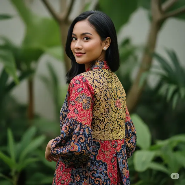 Tunik Batik Kombi Brokat Lengan Balon Motif Modern
