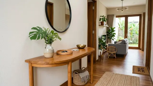 Ide meja konsol di rumah yang bikin ruangan tampak rapi dan modern model setengah lingkaran