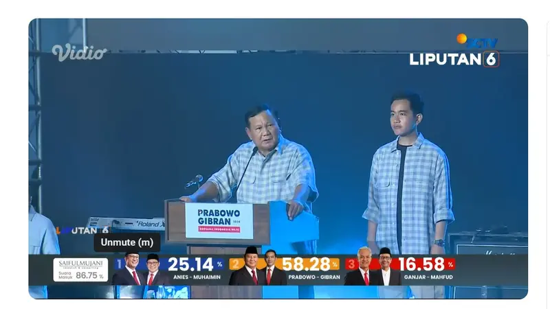 Capres dan Cawapres nomor urut 02 Prabowo Subianto-Gibran Rakabuming Raka saat pidato dan deklarasi kemenangan hasil sementara quick count Pemilu 2024 di Istora Senayan, Rabu (14/2/2024)
