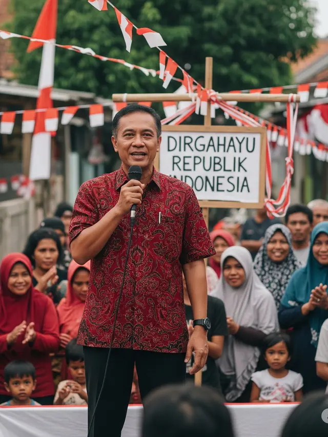 Ketua RT Beri Sambutan 17 Agustus (Gemini AI)