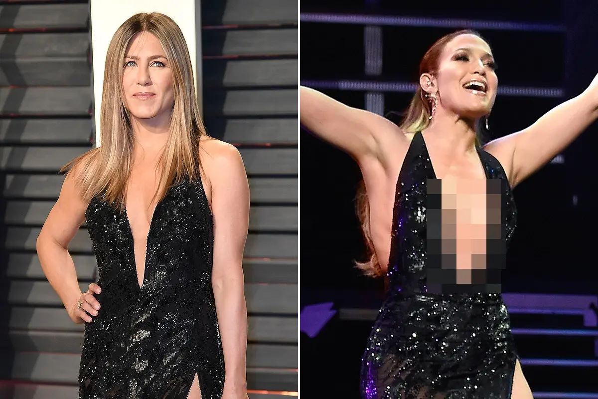 Jennifer Ansiton dan JLo mengenakan gaun serupa. (Foto: People)