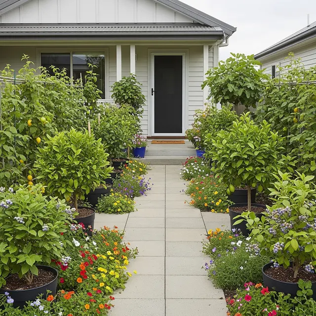 Desain Taman Depan Rumah yang Aman dari Akar Pohon Buah (Gemini AI)