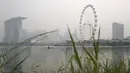 Seorang pria menggunakan kayak melewati langit Singapura yang diselimuti kabut, Senin (5/10). Indeks Standar Polutan (PSI) kabut asap mencapai angka tertinggi 186 pada jam 4 sore waktu setempat, menurut Badan Lingkungan Nasional. (REUTERS/Edgar Su)