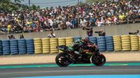 Aksi pembalap Yamaha Tech 3, Hafizh Syahrin pada balapan MotoGP Prancis 2018 di Sirkuit Le Mans. (Twitter/Yamaha Tech 3)