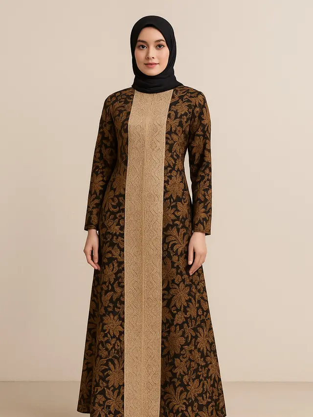 Model Dress Batik Panjang Muslim Kombinasi Polos dan Brokat