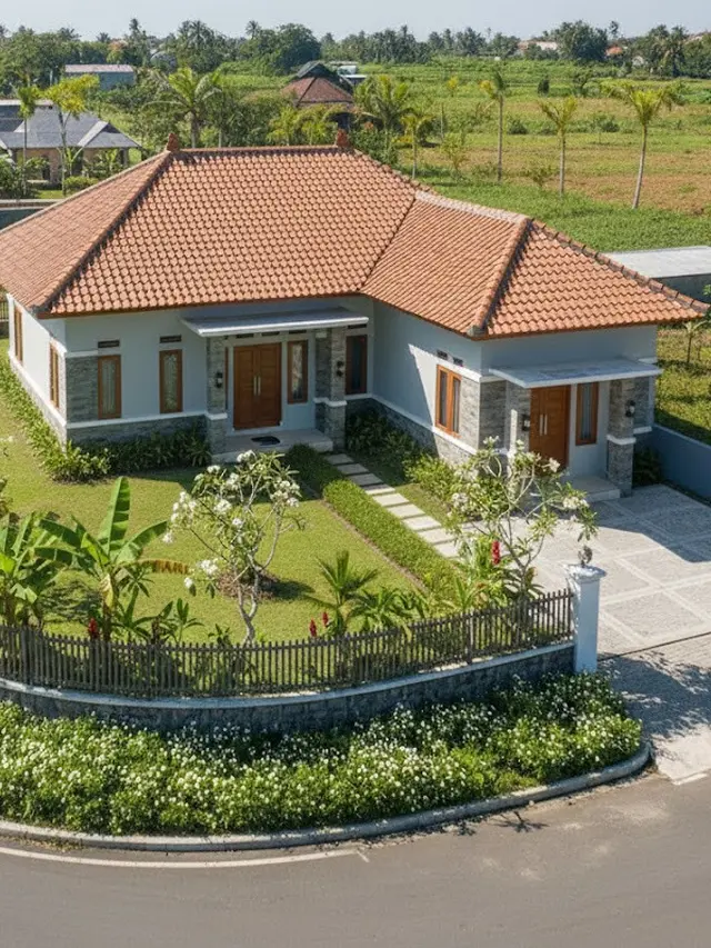 Desain Landscape Rumah di Desa Dekat Jalan Raya. AI