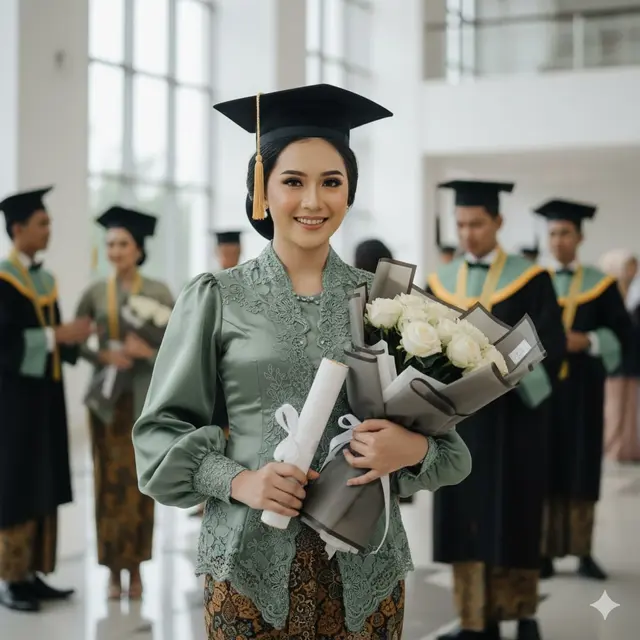 Kebaya Satin Sage Green dengan Bordir Bunga Subtle