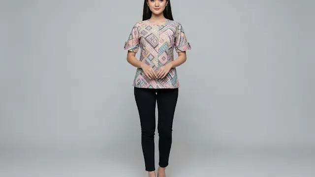 Kemeja Batik Kerah Bulat Slim Fit dengan Lengan Pendek Folded