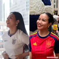 Yura Yunita tampil dengan dua OOTD sporty chic saat menonton perempat final Piala Dunia 2026 bersama Donne Maula: jersey Spanyol dan Inggris dipadu mini skirt. (@yurayunita)