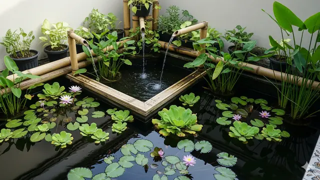 Model Kolam Ikan Mini Ornamen Bambu di Teras Rumah yang Klasik tapi Segar/Ilustrasi AI