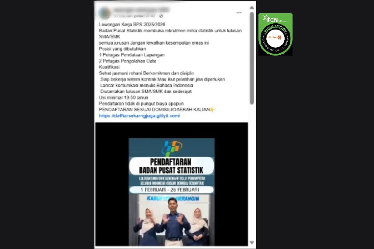 Cek Fakta Liputan6.com mendapati klaim tautan atau link pendaftaran lowongan kerja Badan Pusat Statistik (BPS). Klaim ini beredar di Facebo