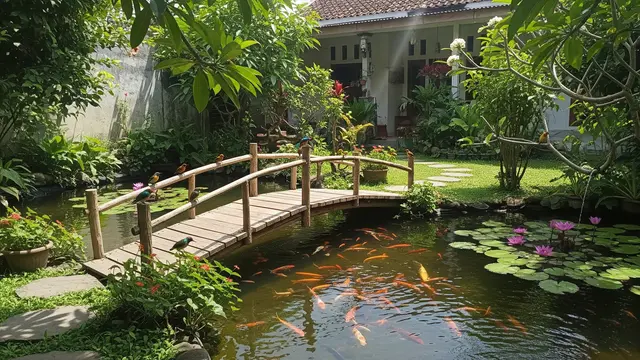Inspirasi Kolam Ikan di Taman Rumah yang Bisa Menarik Kehadiran Burung dan Bikin Suasana Asri Model Jembatan Kayu