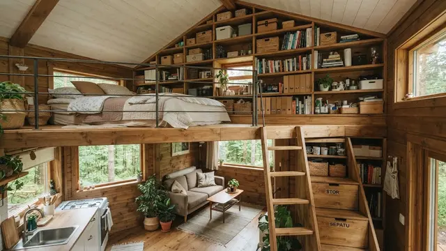 Rumah Kecil dengan Loteng dan Rak Built-in