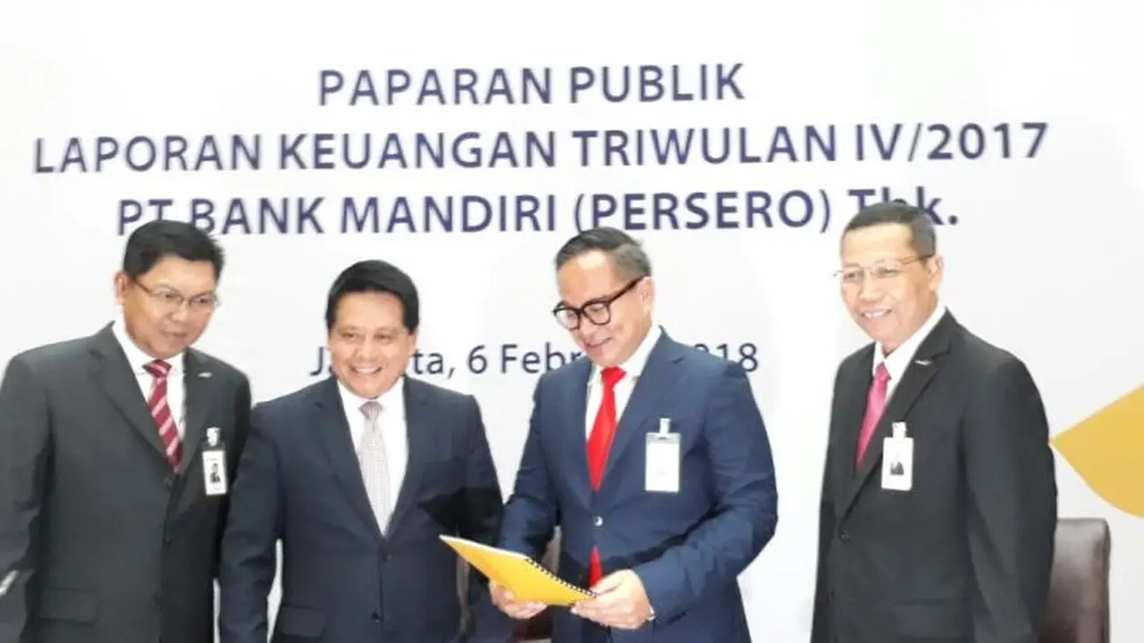 Jajaran direksi PT Bank Mandiri Tbk saat paparan kinerja Triwulan IV 2017, Selasa (6/2/2018) (Ilyas/Liputan6.com)
