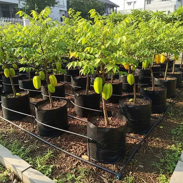 Kebun Buah di Polybag dengan Sistem Irigasi Sederhana untuk Lahan Terbatas (Image by Gemini AI)