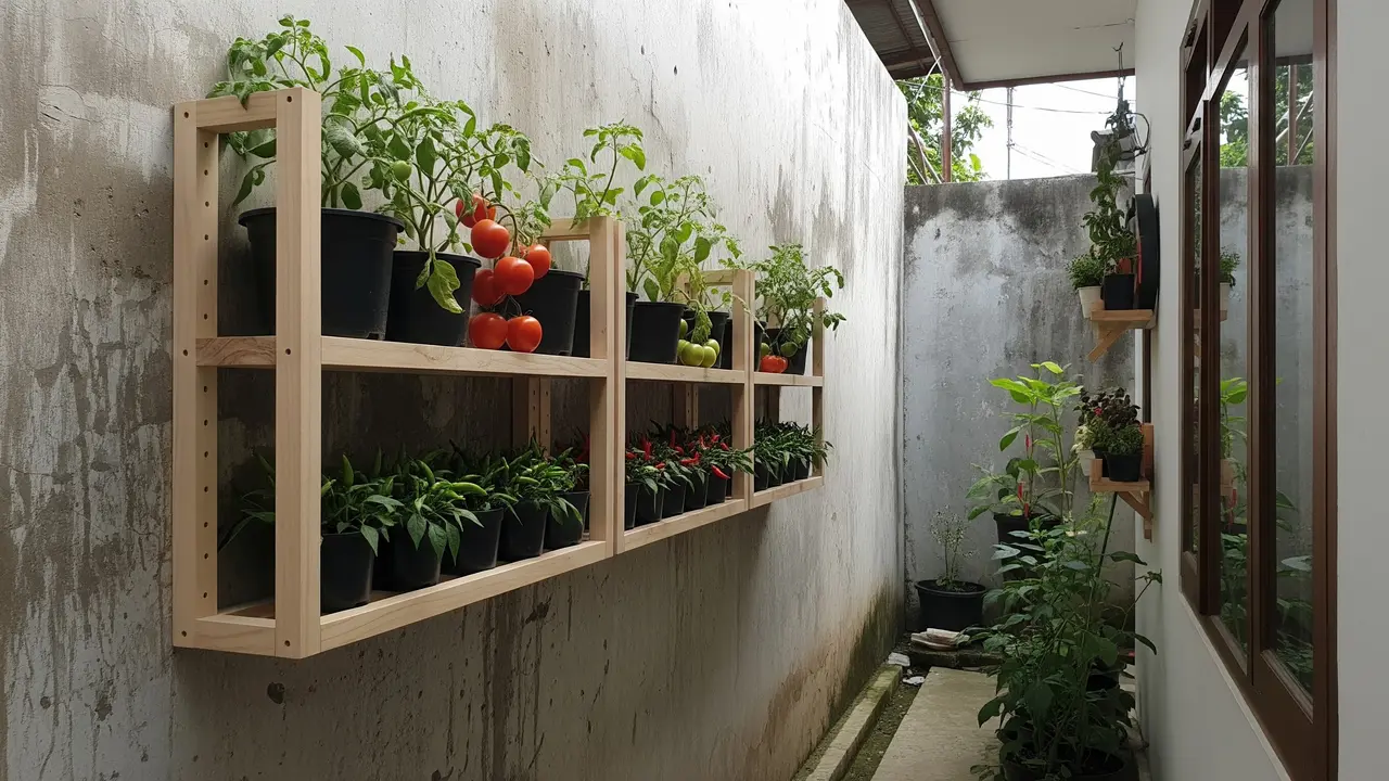 Kebun Buah Gantung di Tembok Model Rak Kayu Tempel Minimalis