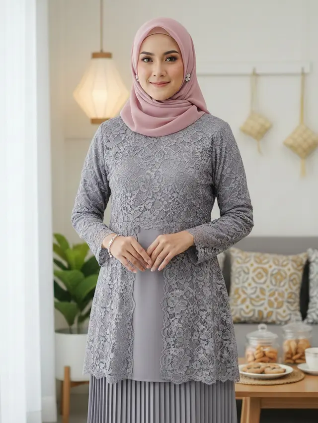 Gamis Brokat 2 Layer Warna Netral (Foto: Gemini AI)