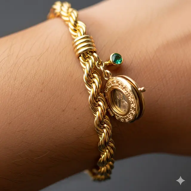 Gelang Tali Emas dengan Liontin dan Permata