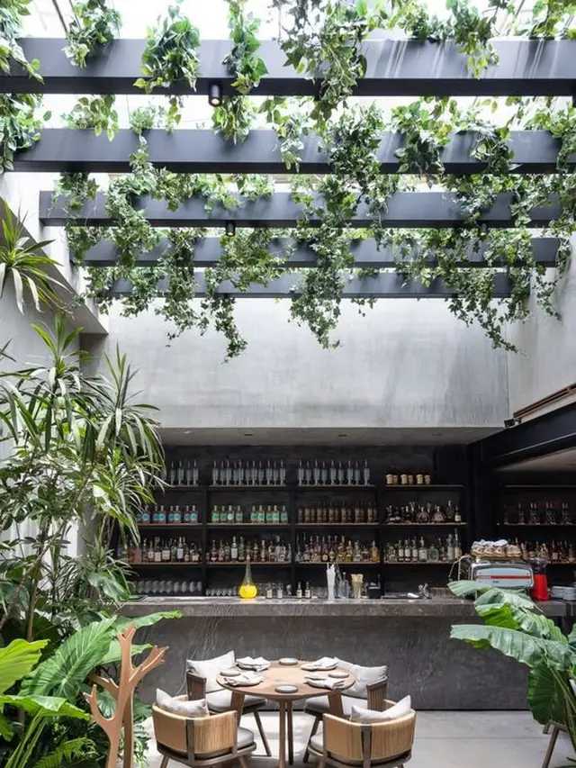 Desain Kafe Outdoor dengan Atap Terbuka yang Segar