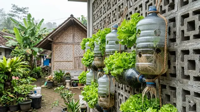 Ide Kebun Vertikal dari Galon Air Mineral Bekas. AI