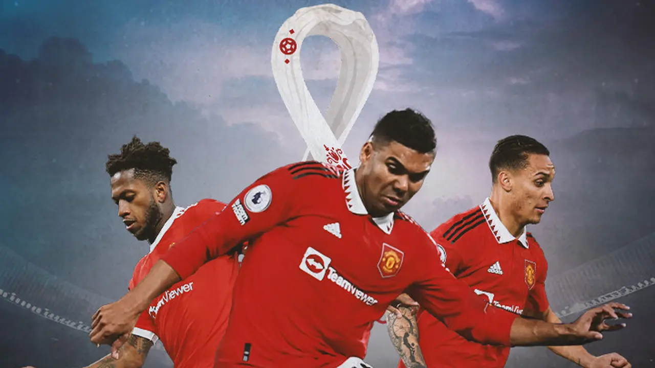 Ilustrasi - Antony, Casemiro, Fred Background logo Piala Dunia 2022