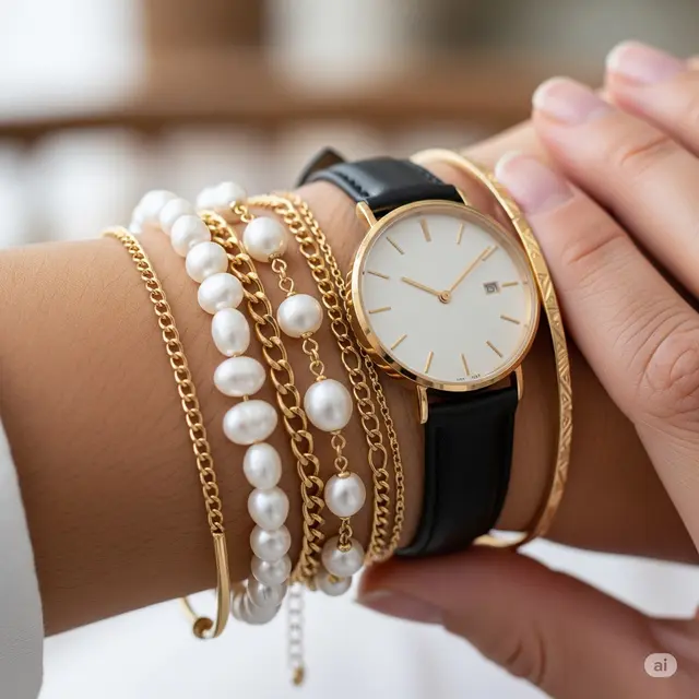 Gelang Mutiara Kombinasi Emas Bertumpuk