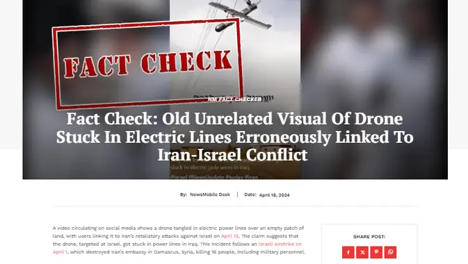 <p>Penelusuran klaim video drone Iran nyangkut di kabel listrik wilayah Israel.</p>