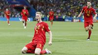 Gelandang Belgia, Kevin De Bruyne, merayakan gol yang dicetaknya ke gawang Brasil pada laga perempat final Piala Dunia di Kazan Arena, Kazan, Jumat (6/7/2018). Belgia menang 2-1 atas Brasil. (AP/Frank Augstein)