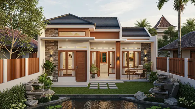 Rumah 6x9 dengan Teras Menghadap Kolam dan Kebun Mini yang Cocok untuk 3-4 Anggota Keluarga