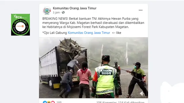 Cek Fakta Liputan6.com menelusuri klaim video evakuasi hewan purba yang menyerang warga Magetan