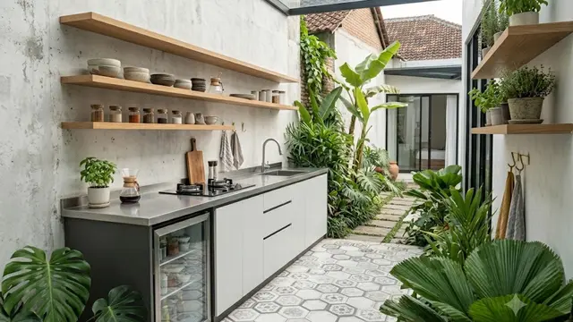Dapur Mini di Samping Rumah dengan Lantai Hexagonal Anti Slip