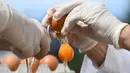 Anggota World Giant Omelette Brotherhood memecahkan telur untuk omelet raksasa di Malmedy, Belgia, Selasa (15/8). Tahun ini acara kembali digelar meski ada masalah pencemaran insektisida fipronil pada sejumlah produk telur di Eropa. (JOHN THYS/AFP)