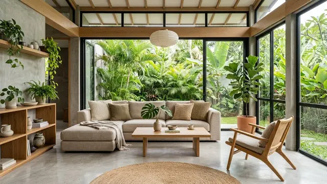 Model Rumah dengan Lantai Semen Ekspos dan Dekorasi Kayu