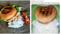 Potret Makan Burger Pakai Nasi. (Sumber: Instagram/awreceh.id dan 1cak.com)