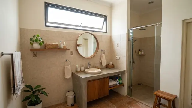 Model kamar mandi dengan jendela tinggi agar tetap mendapat cahaya desain jendela tinggi di atas wastafel