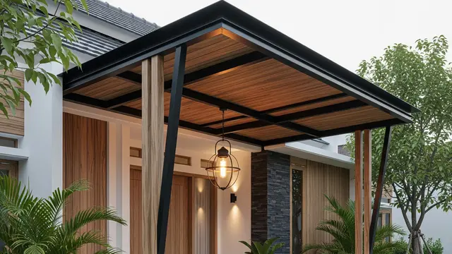 Kanopi Kombinasi Besi dan Kayu dengan Lampu Vintage