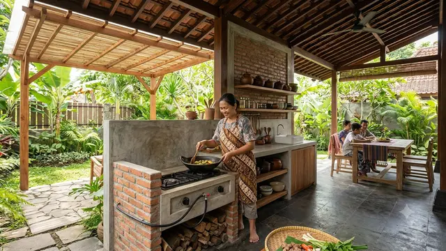 Ide Dapur Tema Pawon Jawa, Tampil Modern Minimalis Ala Tradisional Model Terbuka dengan Konsep Taman Belakang