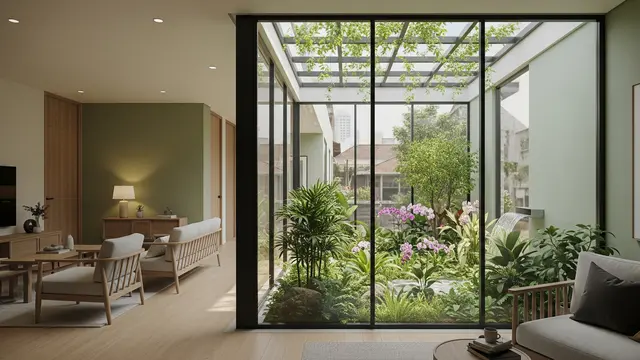 Model Rumah Modern Kaca dengan Taman Indoor Atrium/ Ilustrasi AI