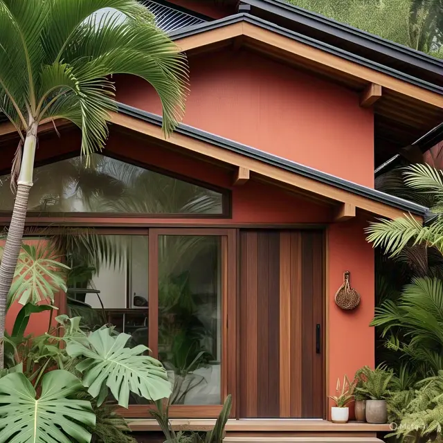 Fasad Rumah dengan Warna Pepaya dan Kayu Alami