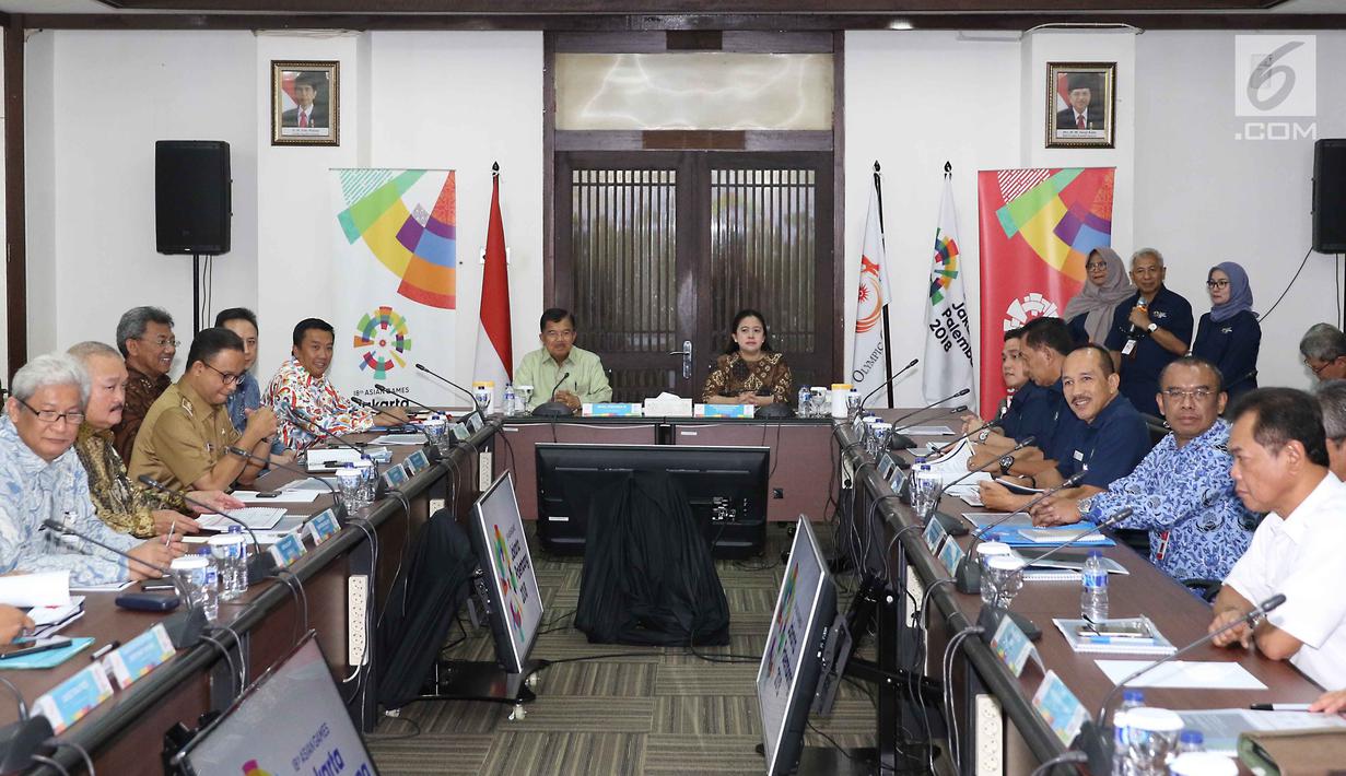 Suasana rakor persiapan Asean Games 2018 yang dipimpin oleh Wakil Presiden Jusuf Kalla dan dampingi Menko PMK Puan Maharani di Jakarta, Senin (19/2). (Liputan6.com/Angga Yuniar)