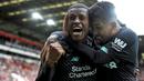 Gelandang Liverpool, Georginio Wijnaldum, melakukan selebrasi usai membobol gawang Sheffield United pada laga Premier League di Stadion Bramall Lane, Sabtu (28/9). Liverpool menang 1-0 atas Sheffield United. (AP/Rui Vieira)