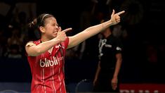 Selebrasi unik Greysia Polii setelah berhasil mengalahkan pasangan ganda puteri Tiongkok