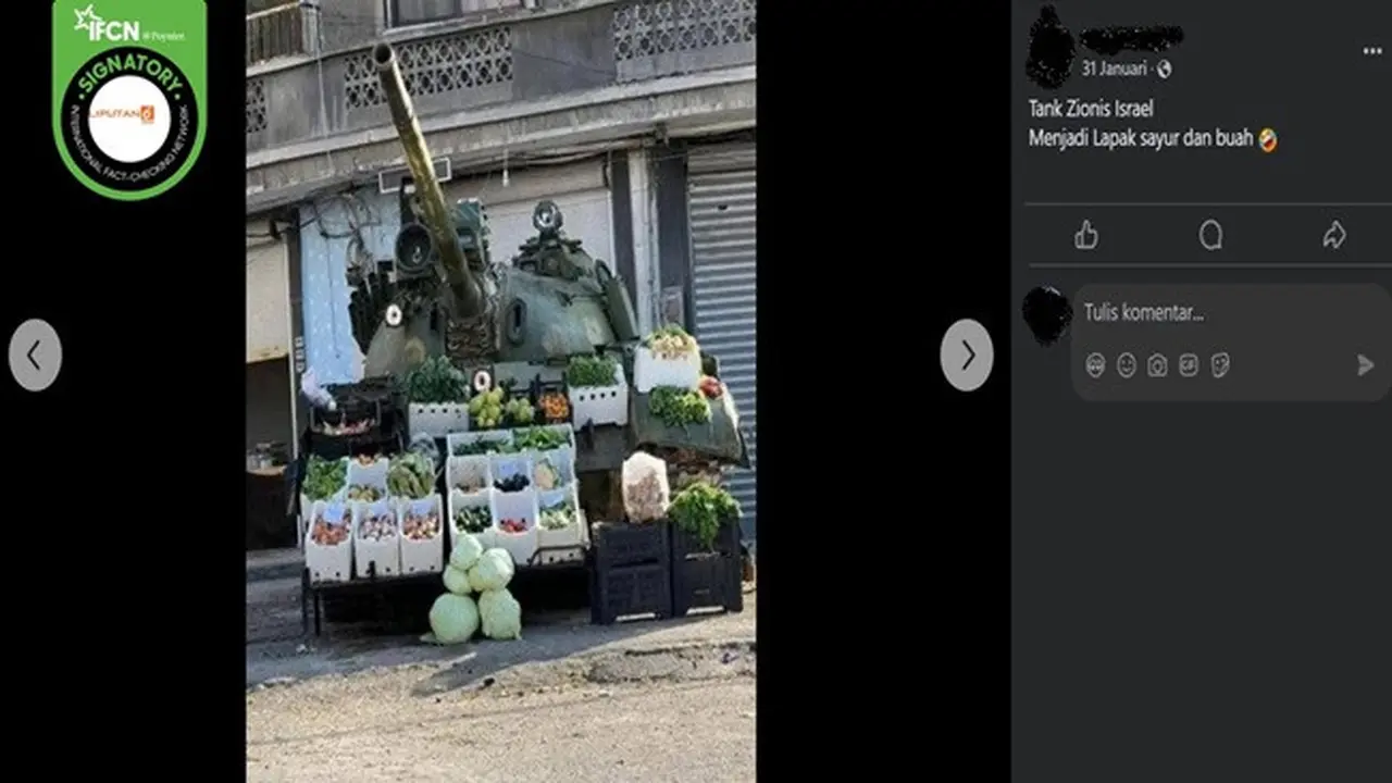 Gambar tangkapan layar foto yang diklaim tank milik Israel dijadikan lapak sayur dan buah. (sumber: Facebook)