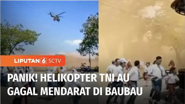 Helikopter milik TNI AU yang mengawal kedatangan Presiden Jokowi di Baubau, Sulawesi Tenggara, gagal mendarat di Stadion Sepakbola Betoambari. Gagal mendaratnya helikopter super cougar ini membuat warga sekitar panik, akibat angin kencang yang berasa...