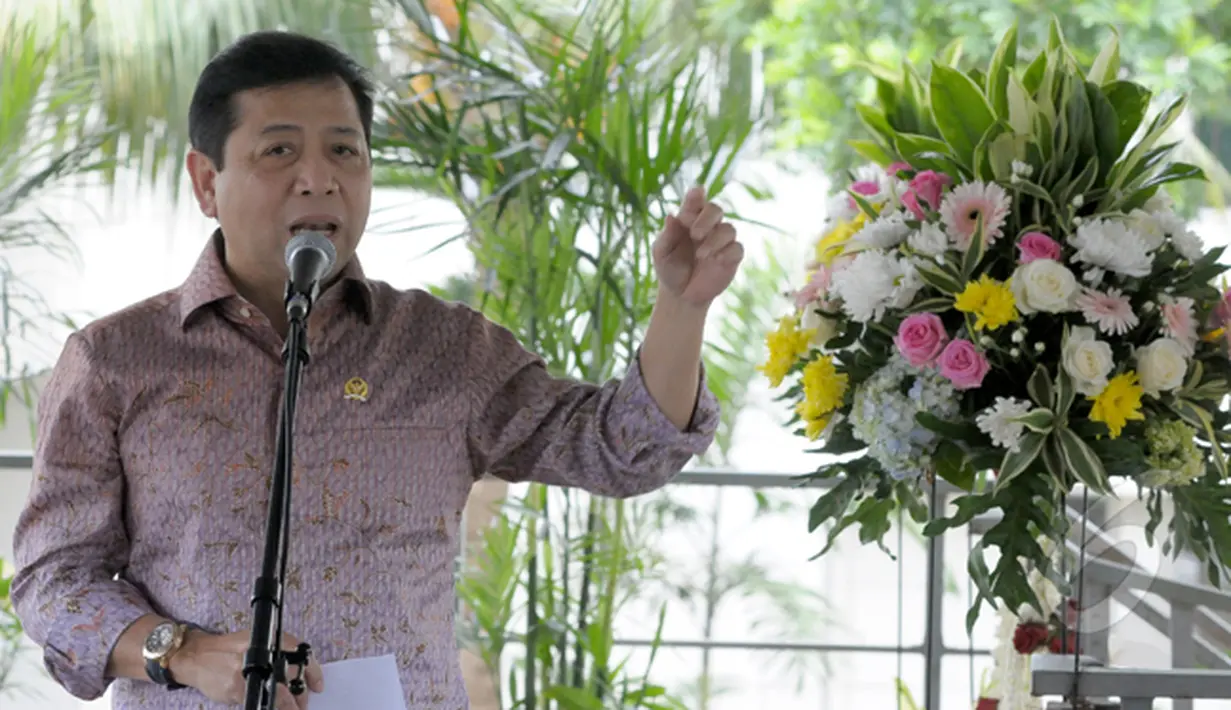  Ketua DPR Setya Novanto memberikan sambutan saat meresmikan Area Parkir Gedung DPR . Pembangunan parkir motor senilai Rp 3,5 miliar ini sempat mangkrak selama 3 tahun, Jakarta, Jumat (6/2/2015). (Liputan6.com/Andrian M Tunay)