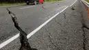 Sebuah truk melintasi jalan retak di dekat Kota Ward, selatan Blenheim, di bagian selatan Pulau Selandia Baru, Senin (14/11). Gempa 7,8 SR yang mengguncang Selandia Baru mengakibatkan jalan tersebut retak. (REUTERS/Anthony Phelps)