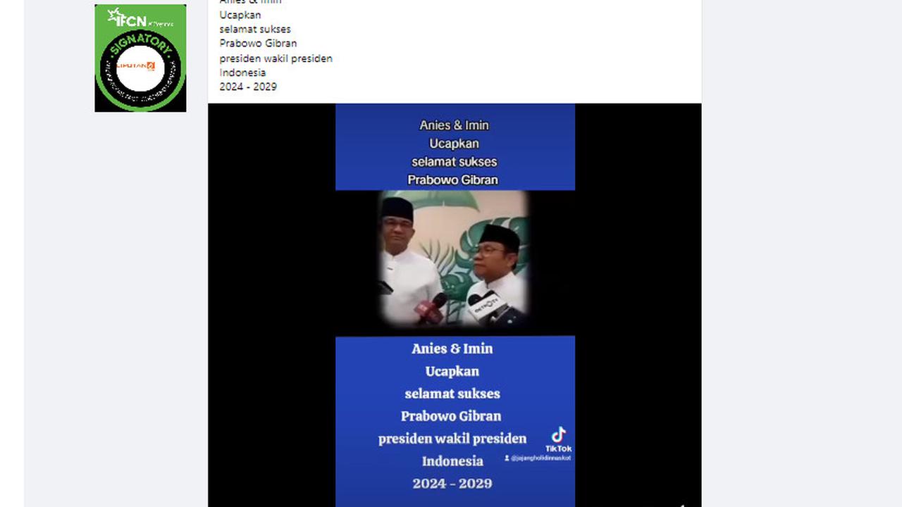 Tangkapan layar klaim video Anies Baswedan-Cak Imin ucapkan selamat Prabowo-Gibran jadi Presiden dan Wapres Indonesia