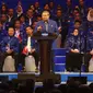 Presiden RI ke-6, Susilo Bambang Yudhoyono (SBY) saat memberikan Pidato Politik di HUT ke-15 Partai Demokrat di Jakarta Convention Center, Selasa (7/2). (Liputan6.com/Helmi Afandi) 